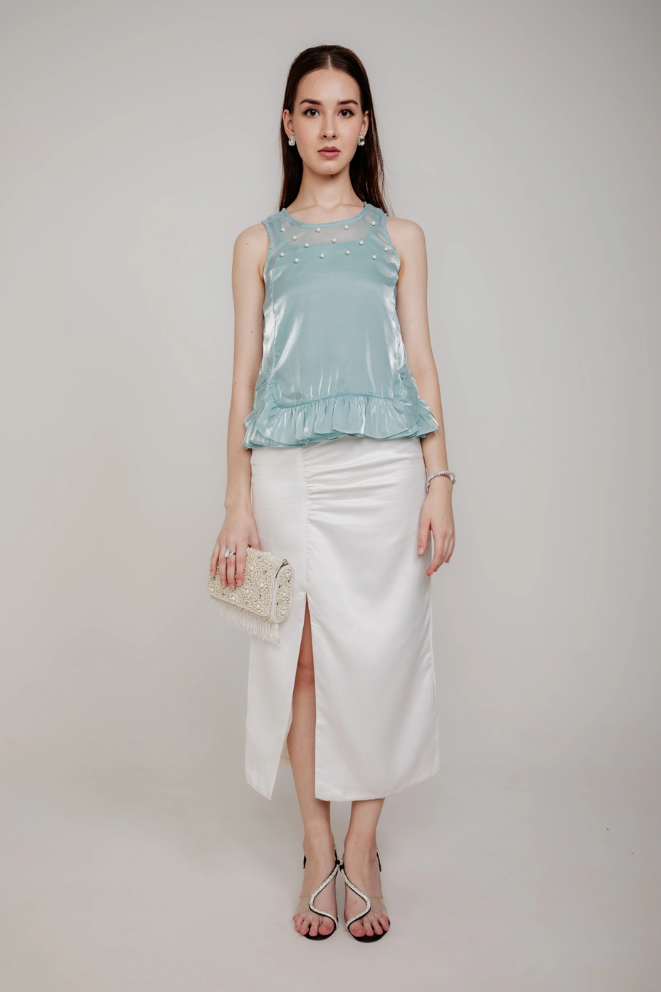 White Mini Satin Skirt With Slit 