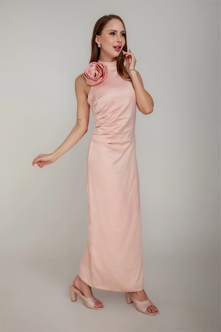 Peach Satin Corset Dress With Body-Hugging Fit 