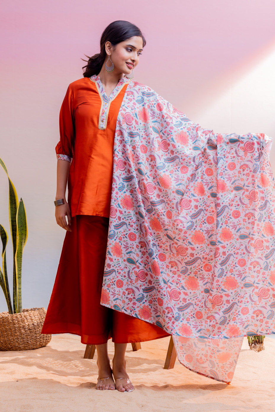 White A Line Kurta, Straight Pant And Pink Dupatta 3 Pcs Set
