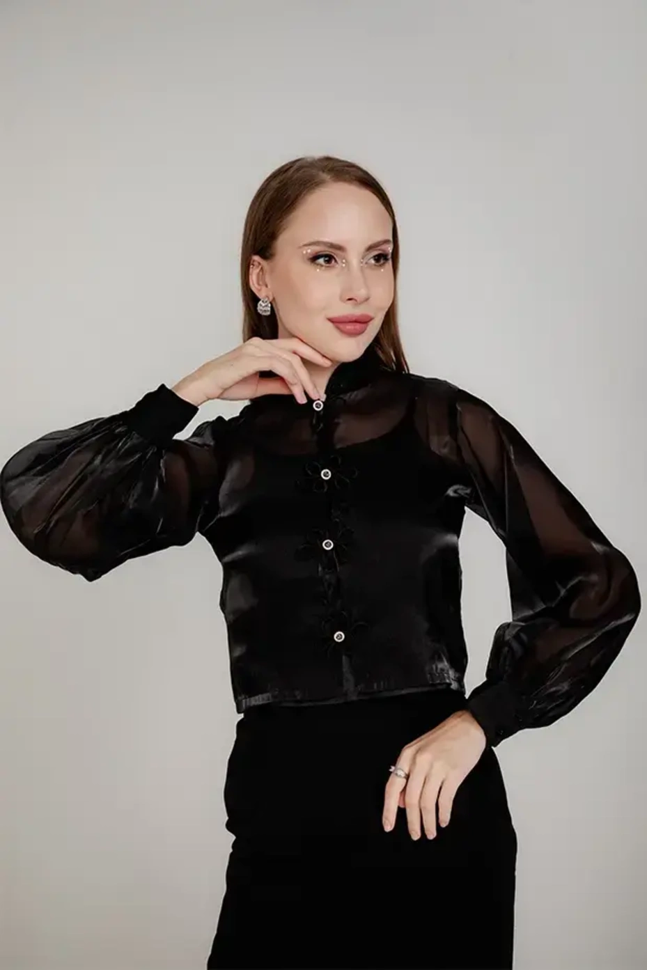 Black Organza Shirt With Attached Slip Camisole
