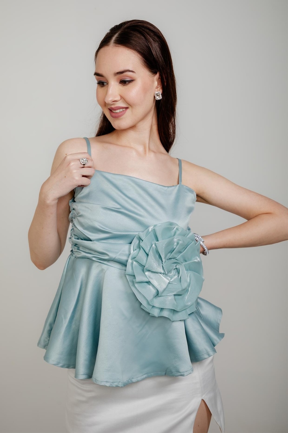 Blue Satin Peplum Top With Corsage Front Design 