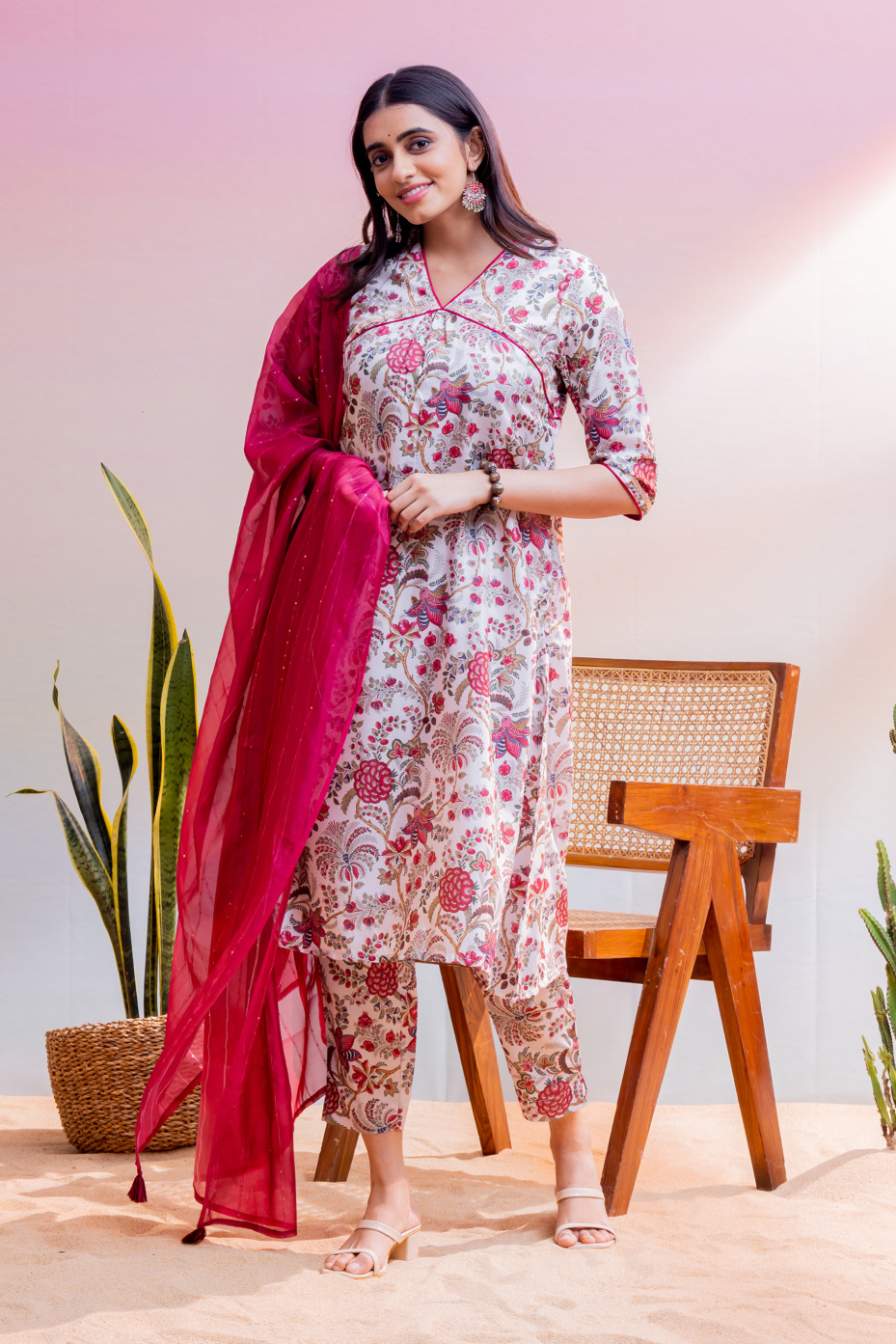 White A Line Kurta, Straight Pant And Pink Dupatta 3 Pcs Set