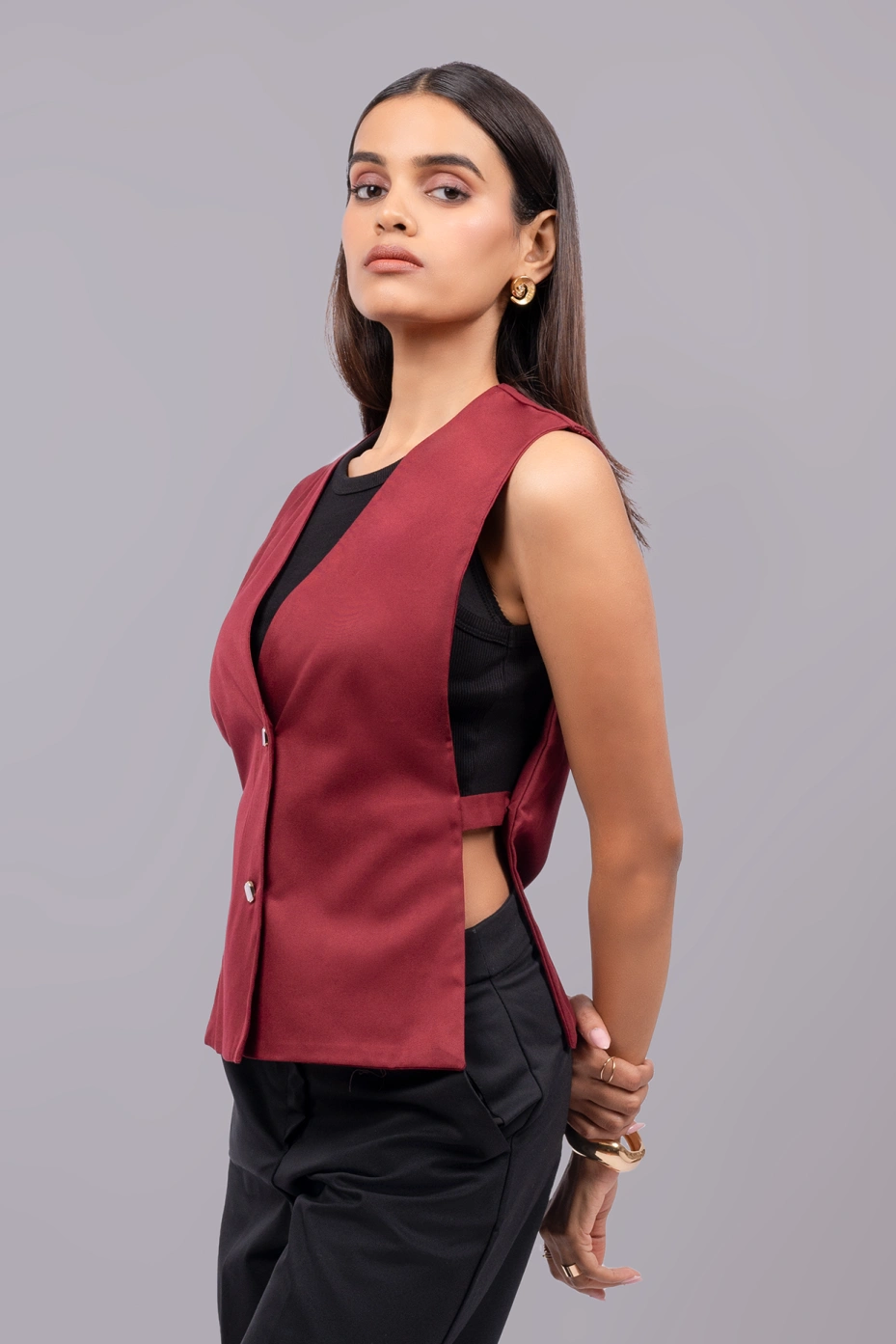 AP	Maroon Formal Sleeveless Waistcoat Top With Side Buckles