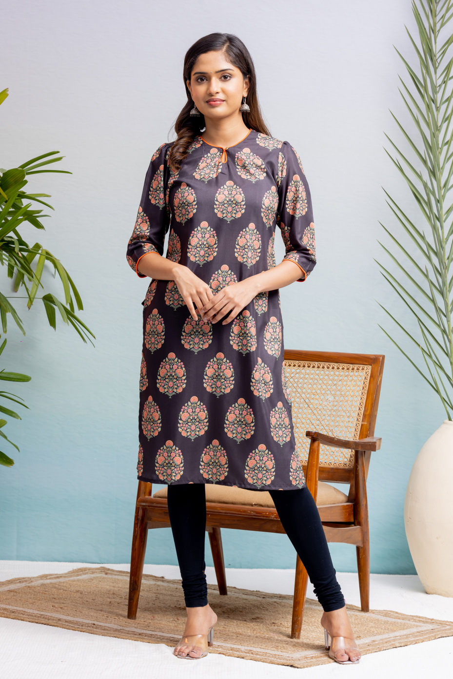 Black Silk Cotton Kurta With Floral Print And Keyhole Neck