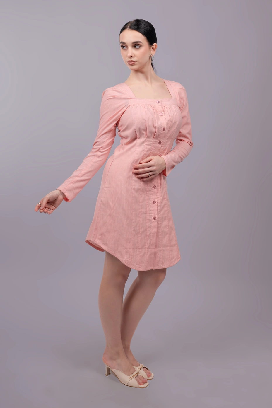 Pink Long Sleeve Square Neck Formal Shirt Dress