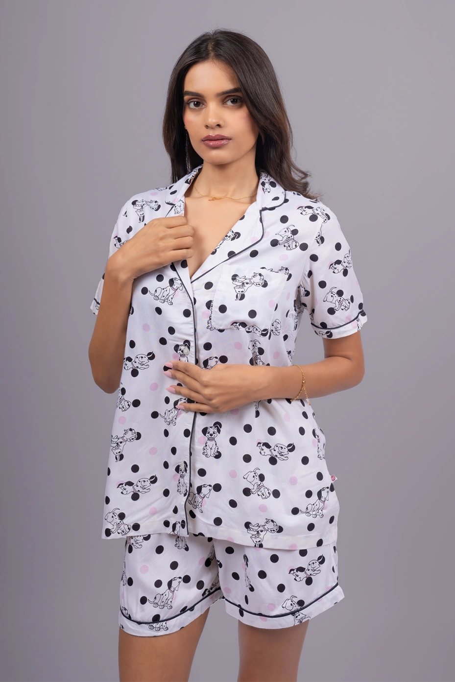 White Printed Shawl Collar Cotton Sleepwear Set
