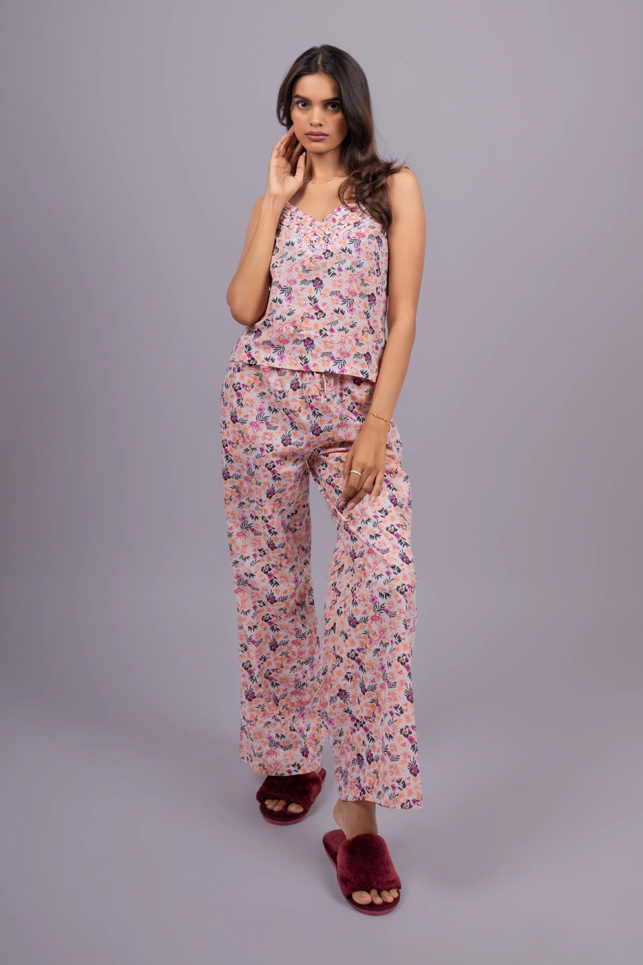 White Floral Printed Cotton Lounge Set