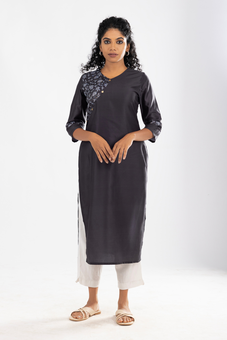 Black Satin Muslin Straight Kurta With V-Neck 