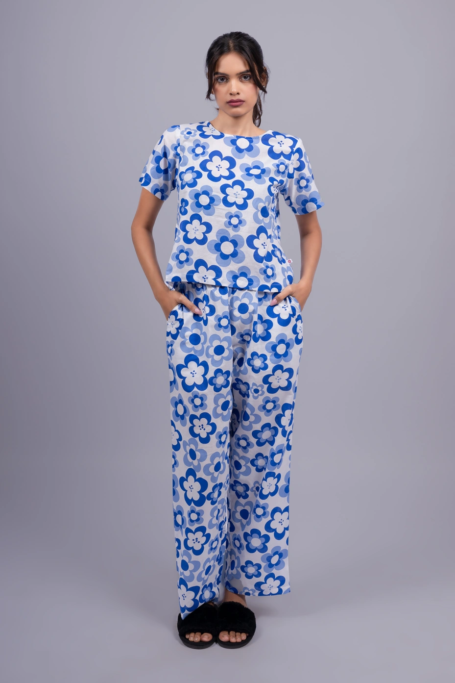 White Floral Printed Cotton Lounge Set