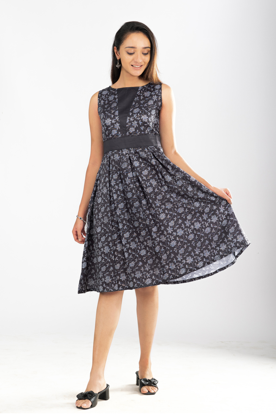 Black Satin Muslin Floral Dress With Boat Neck 2