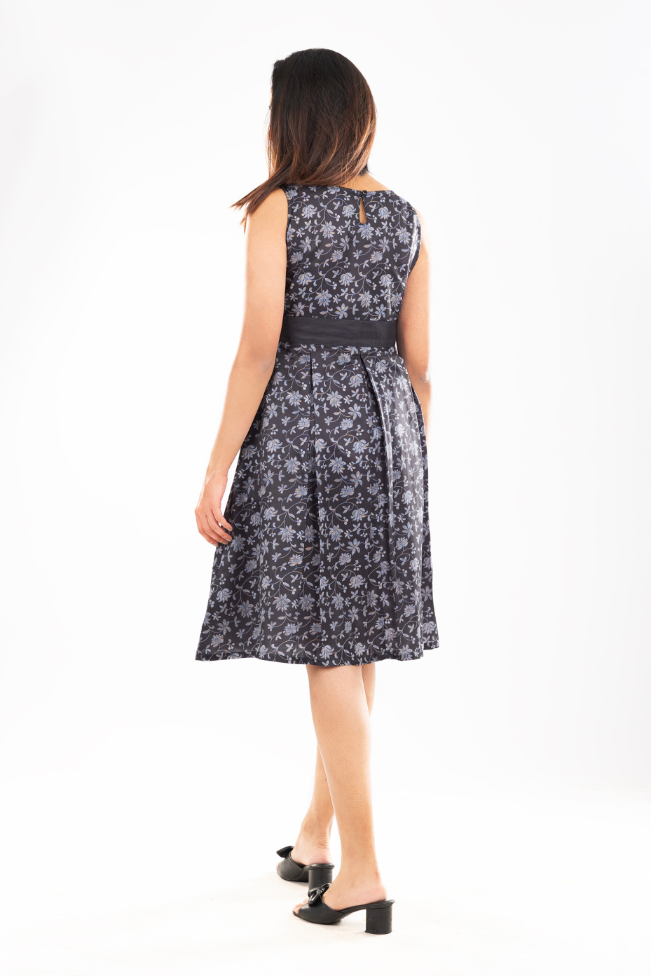 Black Satin Muslin Floral Dress With Boat Neck 3