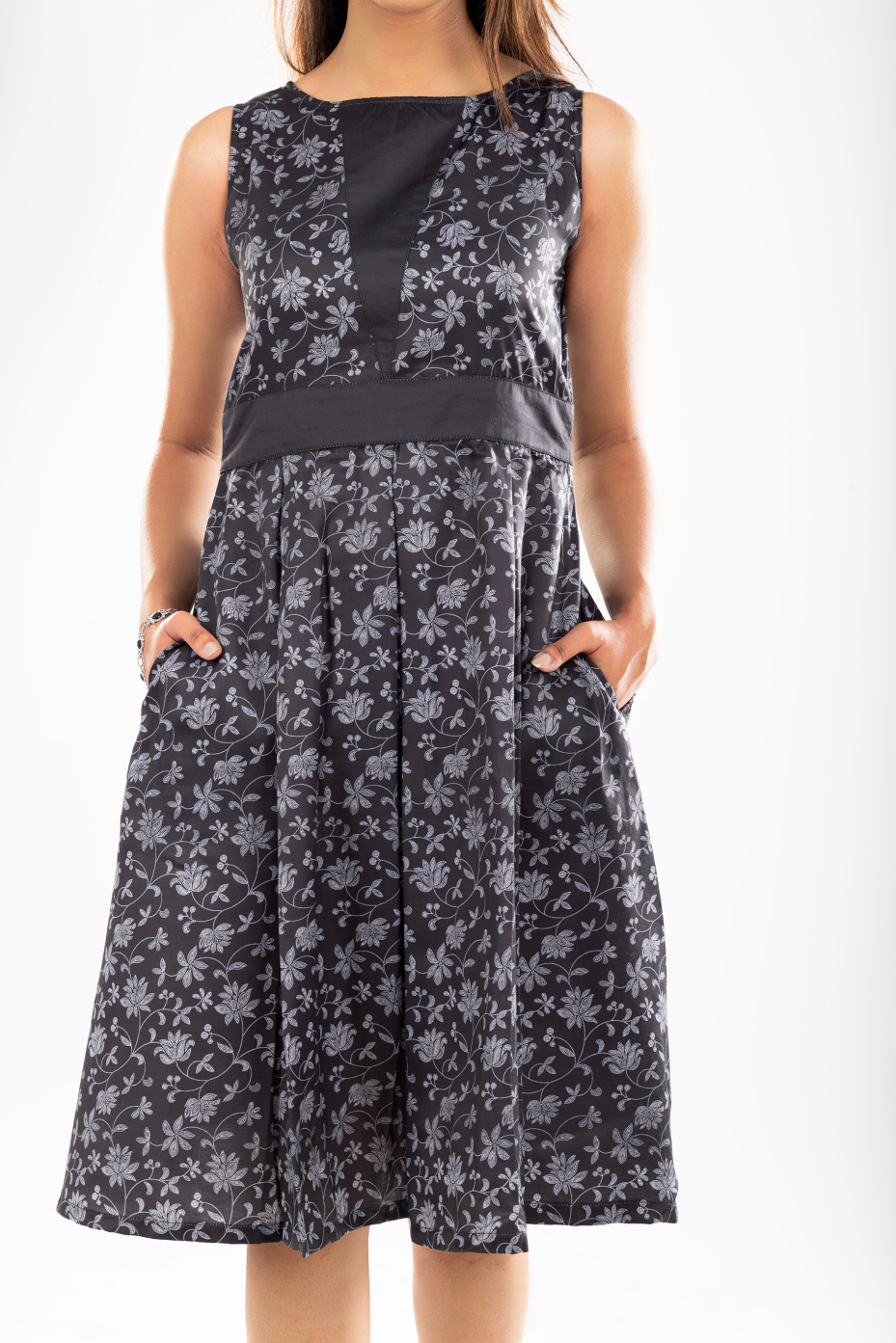 Black Satin Muslin Floral Dress With Boat Neck 4