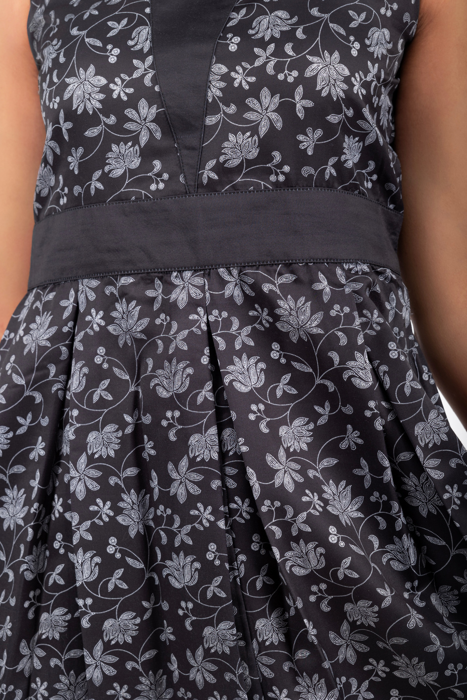 Black Satin Muslin Floral Dress With Boat Neck 7