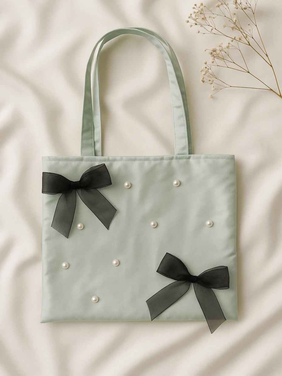Green Tote Bag with Pearl and Bow Details 1