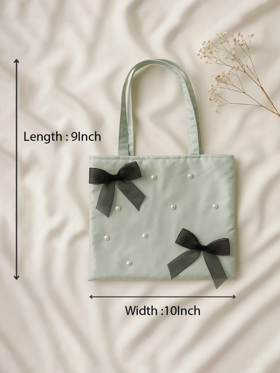 Green Tote Bag with Pearl and Bow Details 3