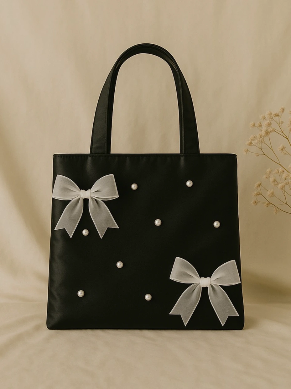 Black Tote Bag with Pearl and Bow Details 1