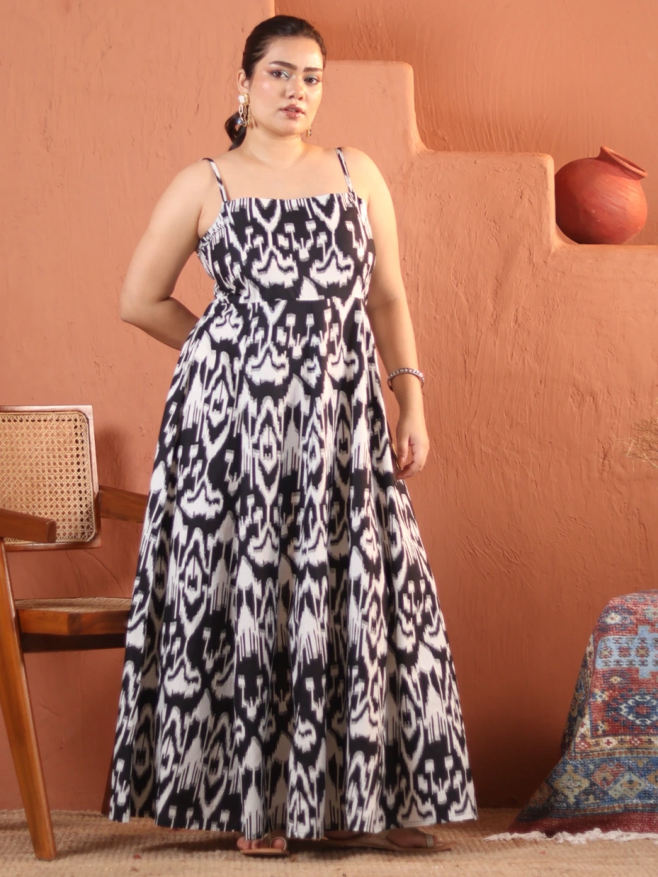 Black Ikat Cotton Fit and Flare Maxi Dress