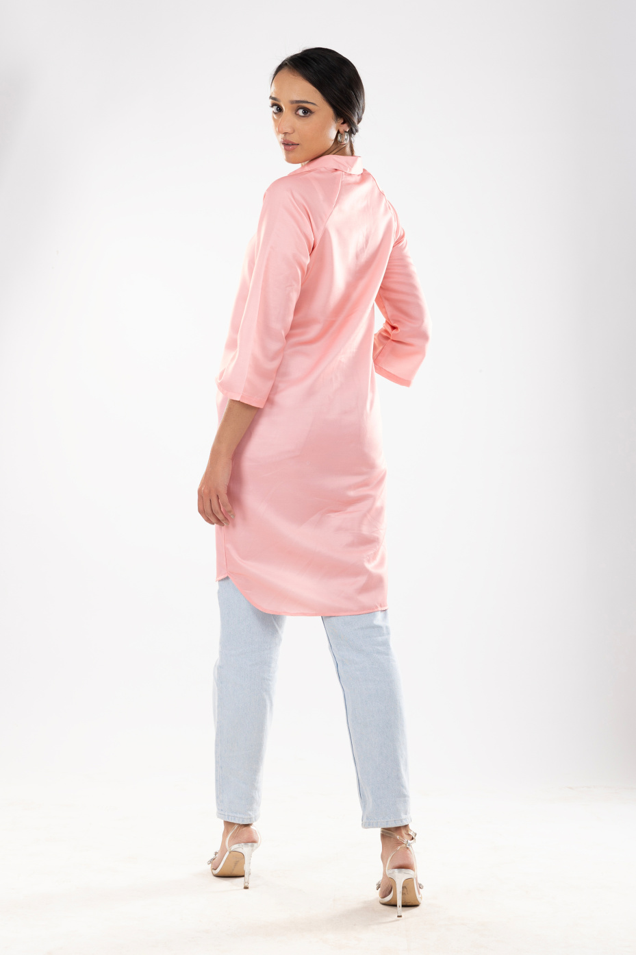 Pink Satin Muslin Long Shirt With Flamingo Embroidery 4