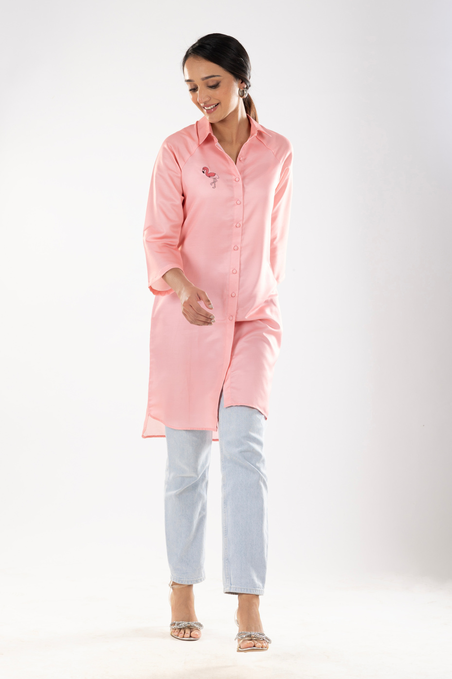 Pink Satin Muslin Long Shirt With Flamingo Embroidery 5