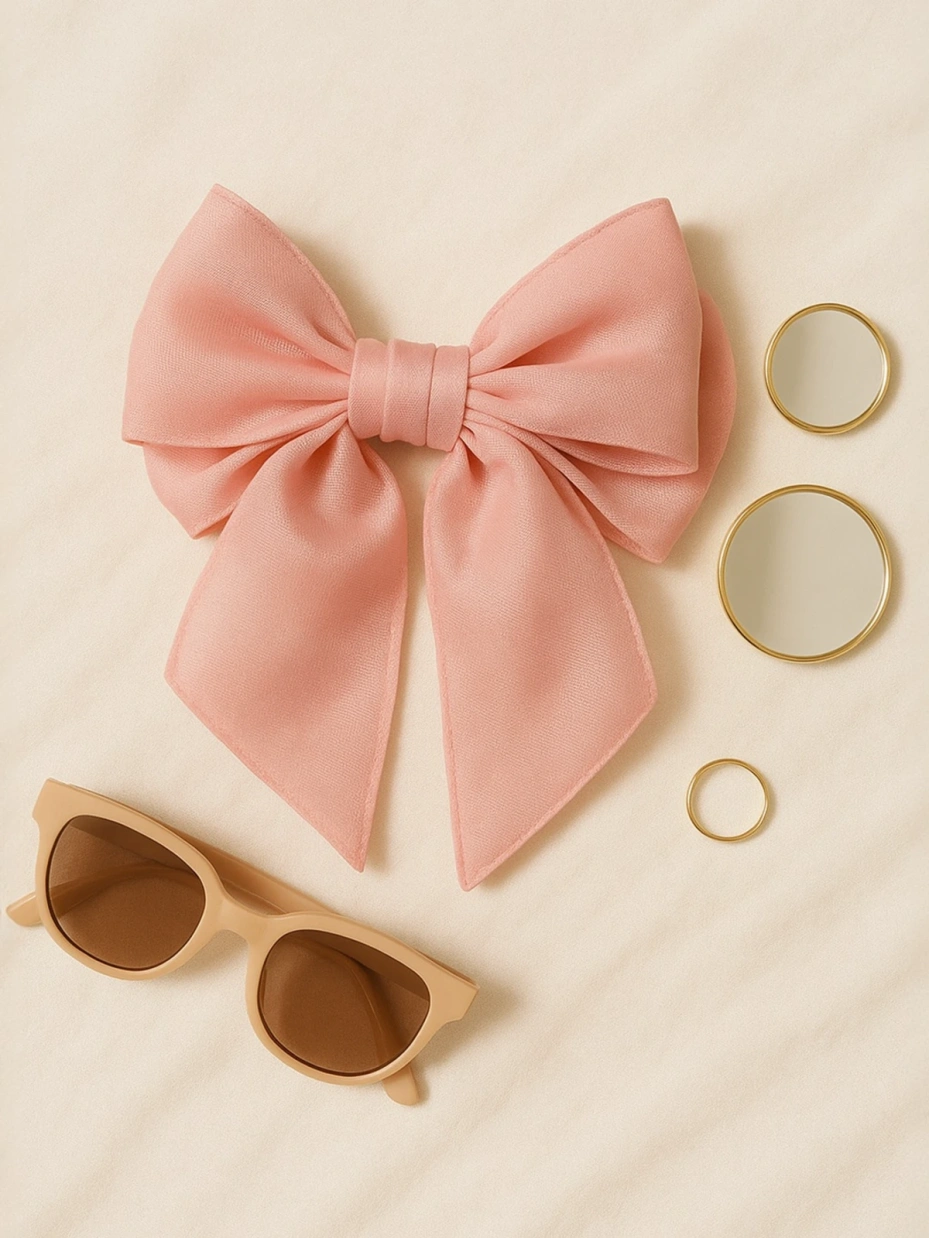 Vintage Pink Double Bow Hair Clip with Scarf 1