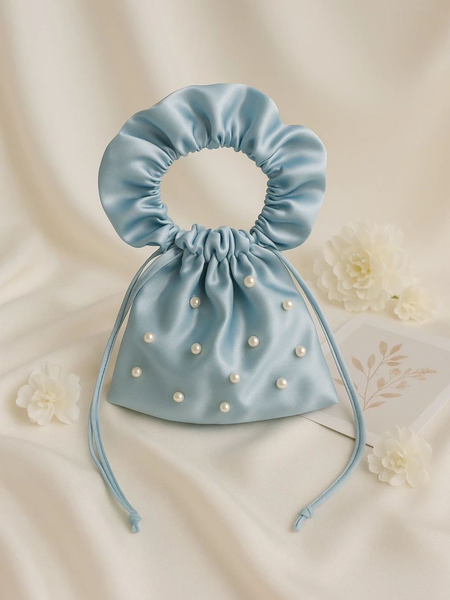 Blue Satin Potli Bag with Pearl Detailing 1