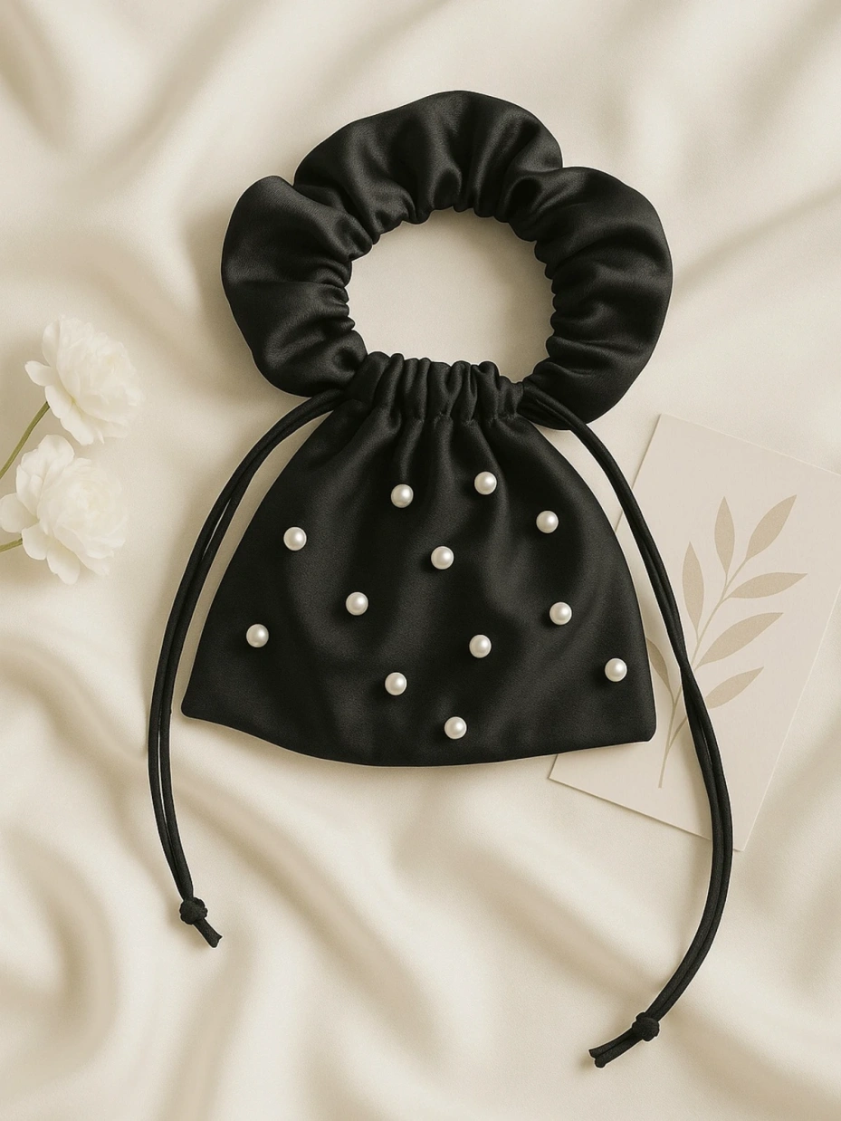 Black Satin Potli Bag with Pearl Detailing 1