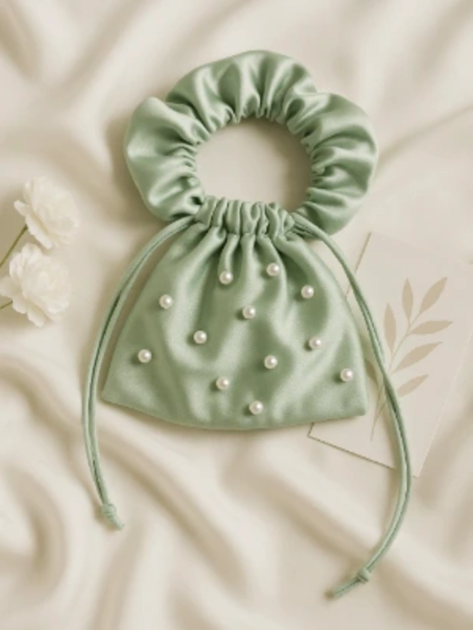 Green Satin Potli Bag with Pearl Detailing 1