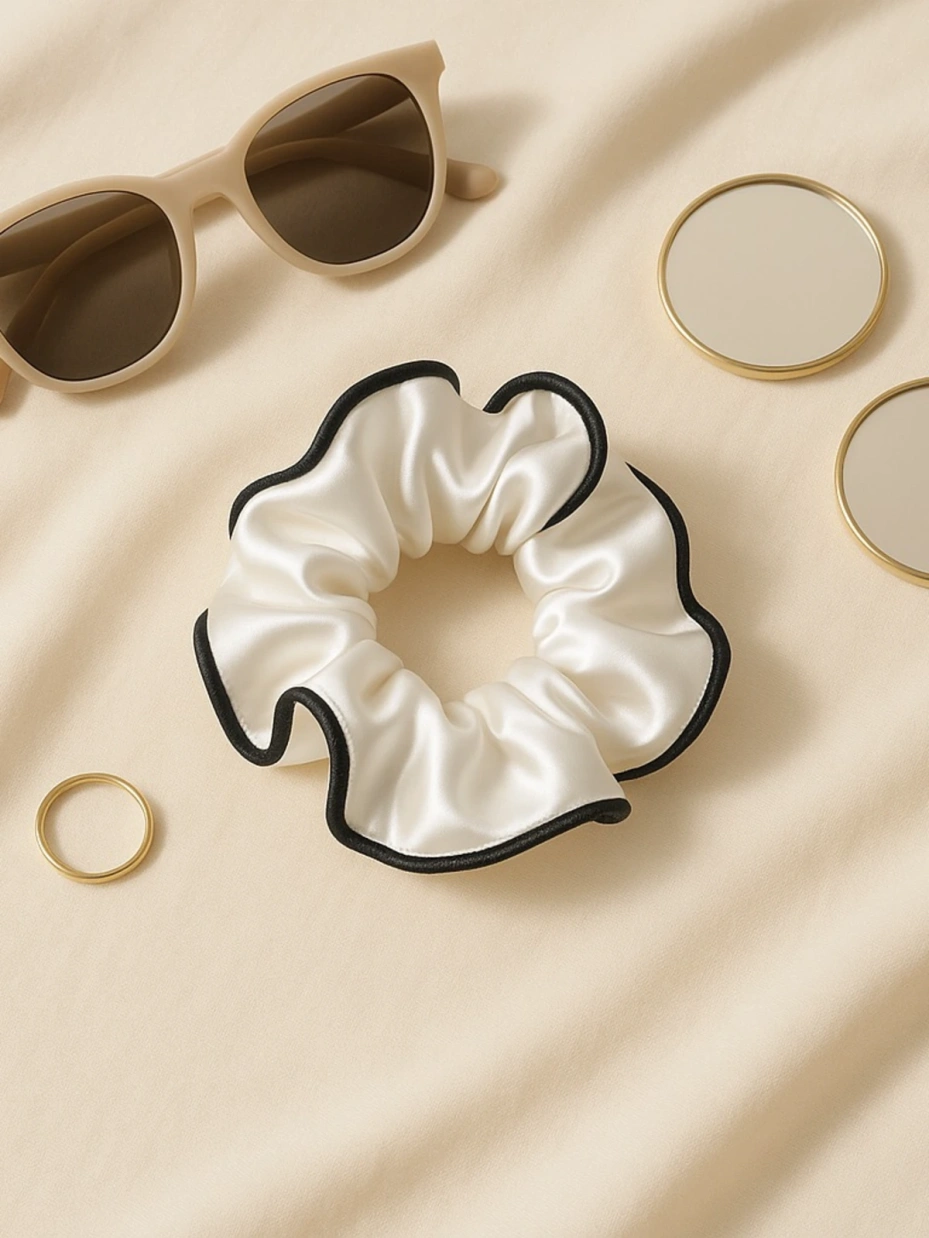White Satin Srunchie with Piping 1