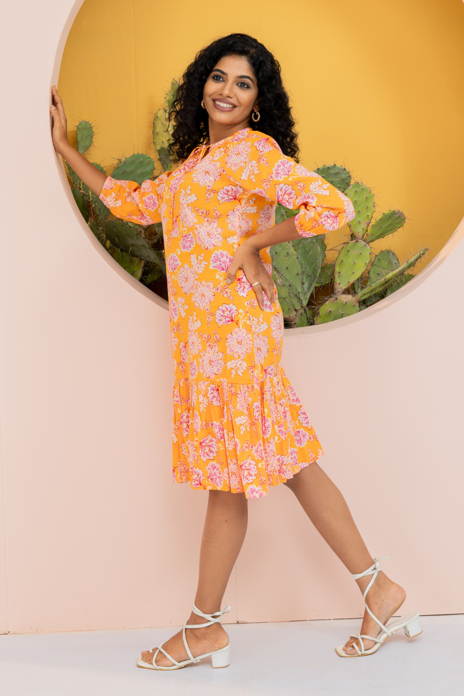 Orange Cotton Floral Tiered Dress 2