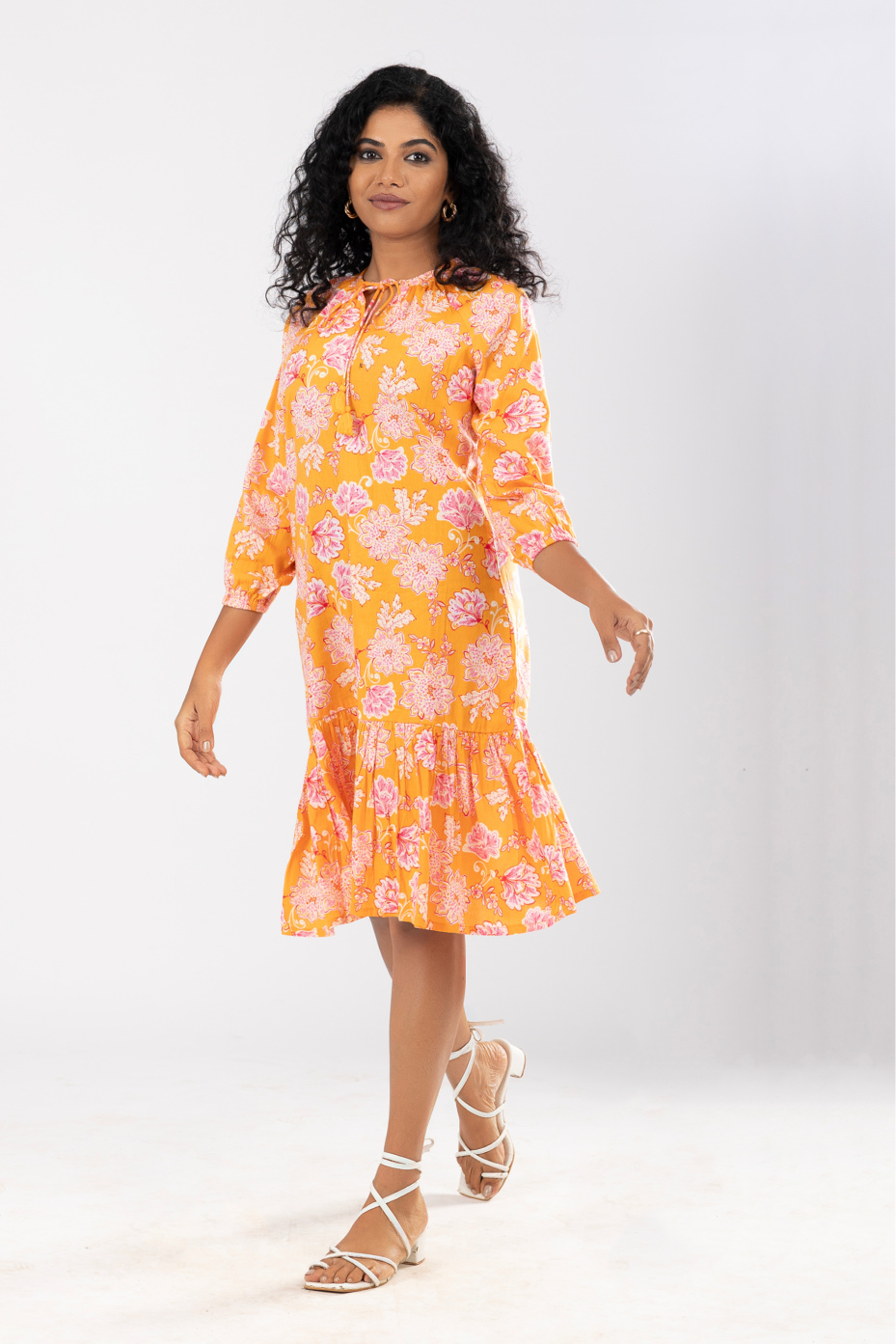Orange Cotton Floral Tiered Dress 3