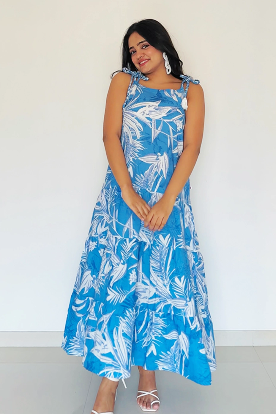 Blue Cotton Tiered Strappy Dress For Summer Wear 1