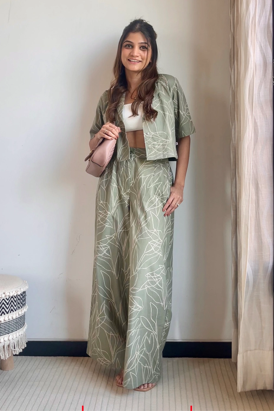 Green Crop Top With Pleated Palazzo Coord Set 