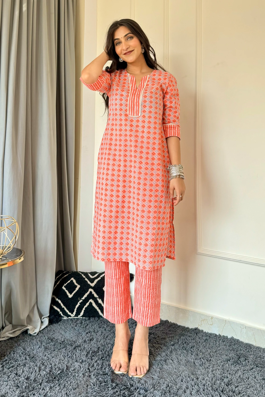 Blue Cotton V-Neck Kurta With Matching Pants