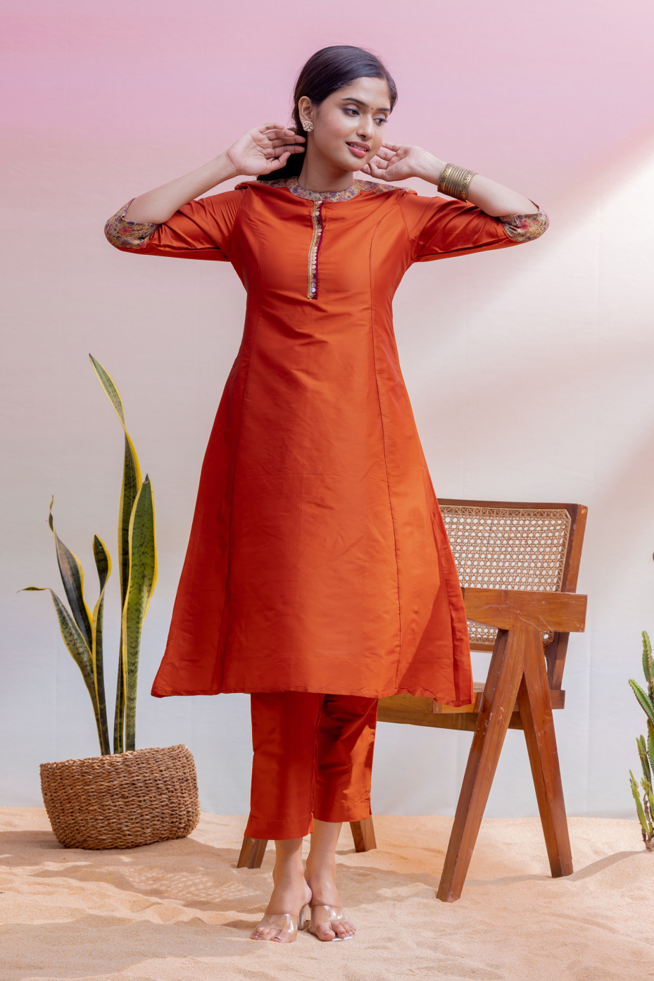 Rust Orange Silk Cotton A-Line Kurta With Princess Cut