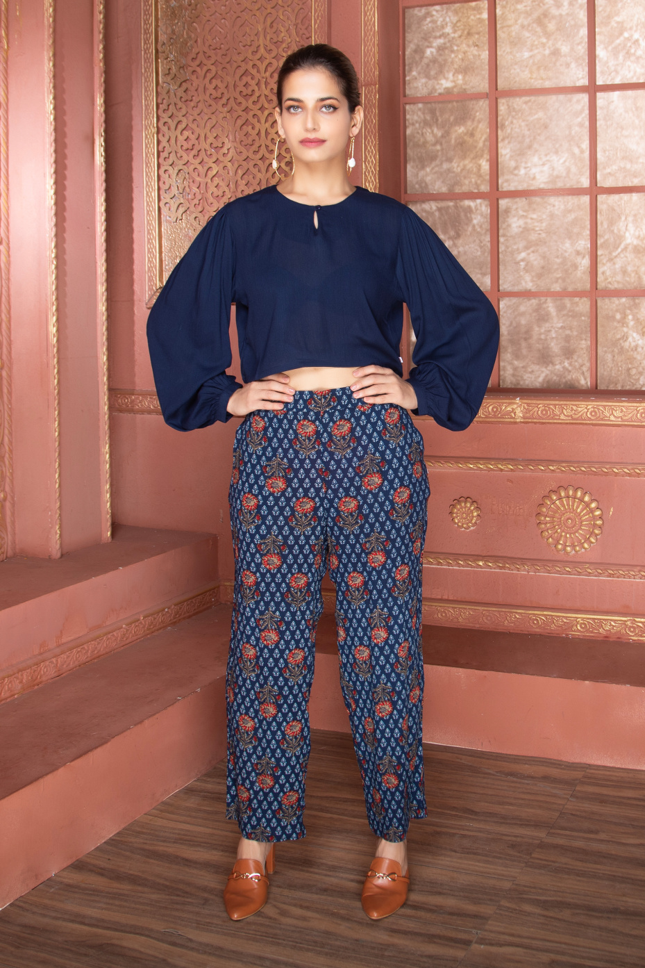 Blue Indigo Cotton Floral Top With Pant 2-Piece Ethnic Coord Set