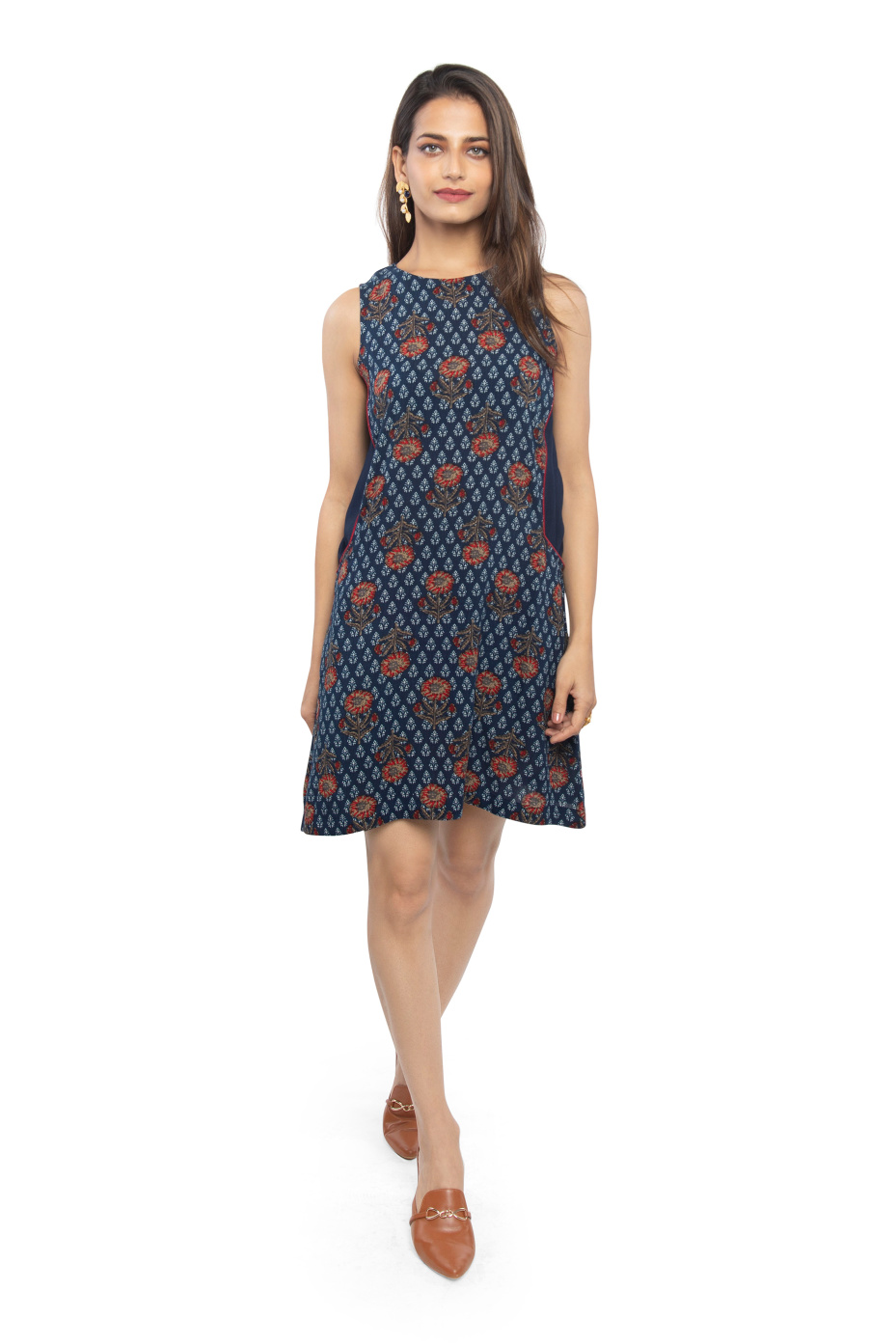 Indigo Viscose Floral Print Dress For Casual Wear