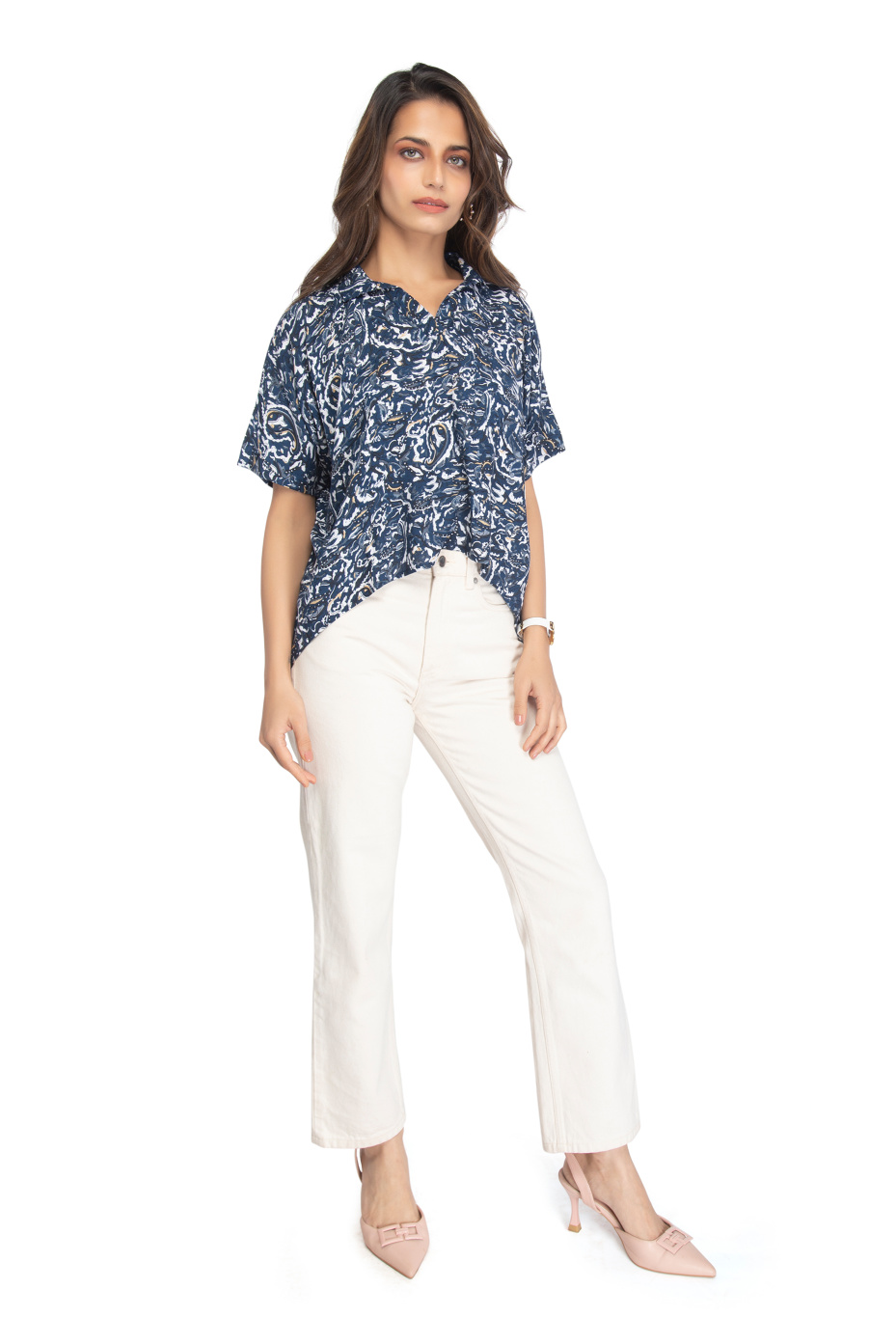 Blue Viscose Oversized Shirt With Abstract Print 2