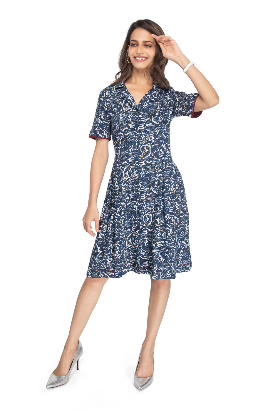 Blue Viscose Dress With Abstract Print, Notch Collar, And Short Sleeves