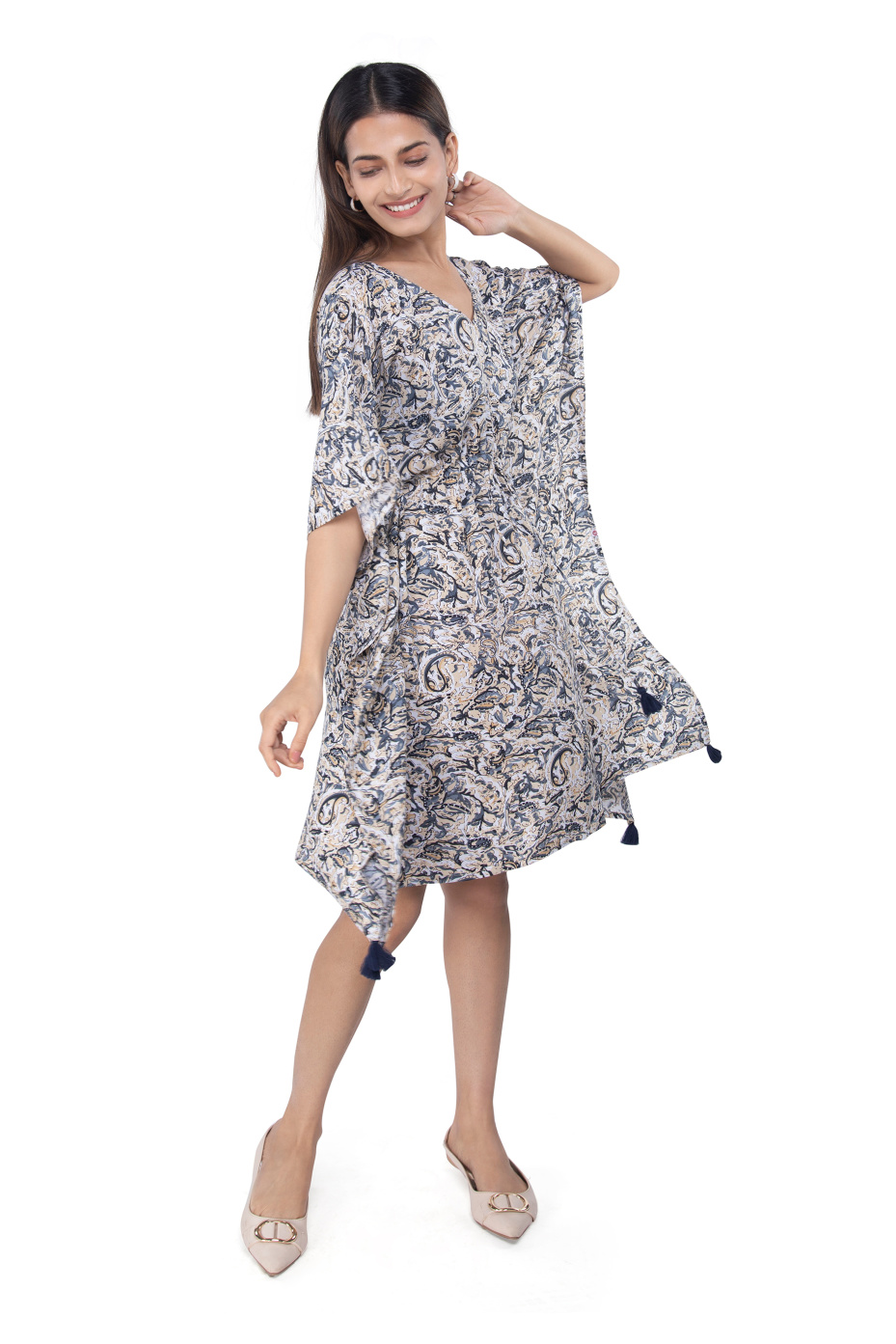 Off-White Viscose Abstract Print Collar Detailed Kaftan