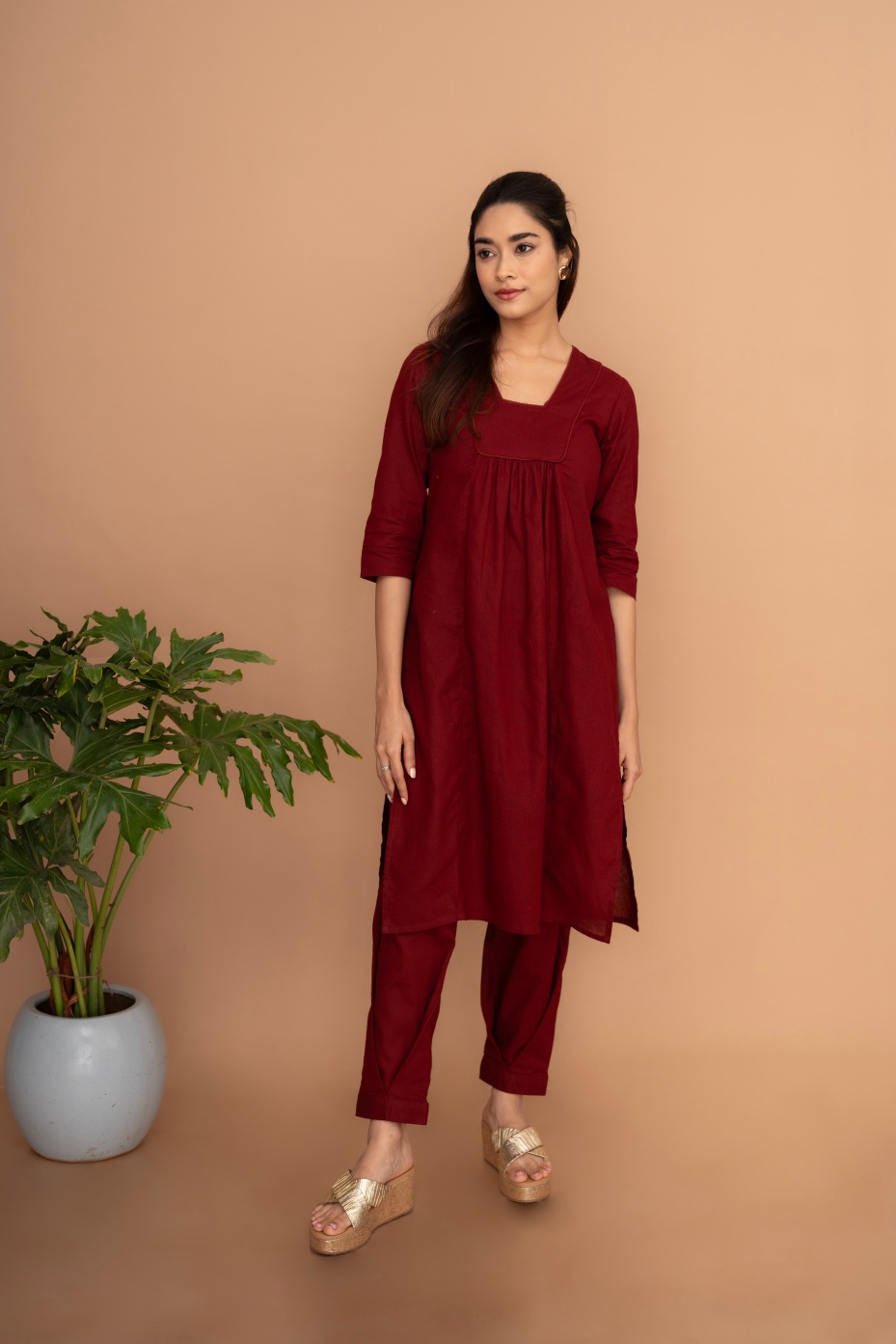Maroon Printed Cotton Halter Neck Kurta