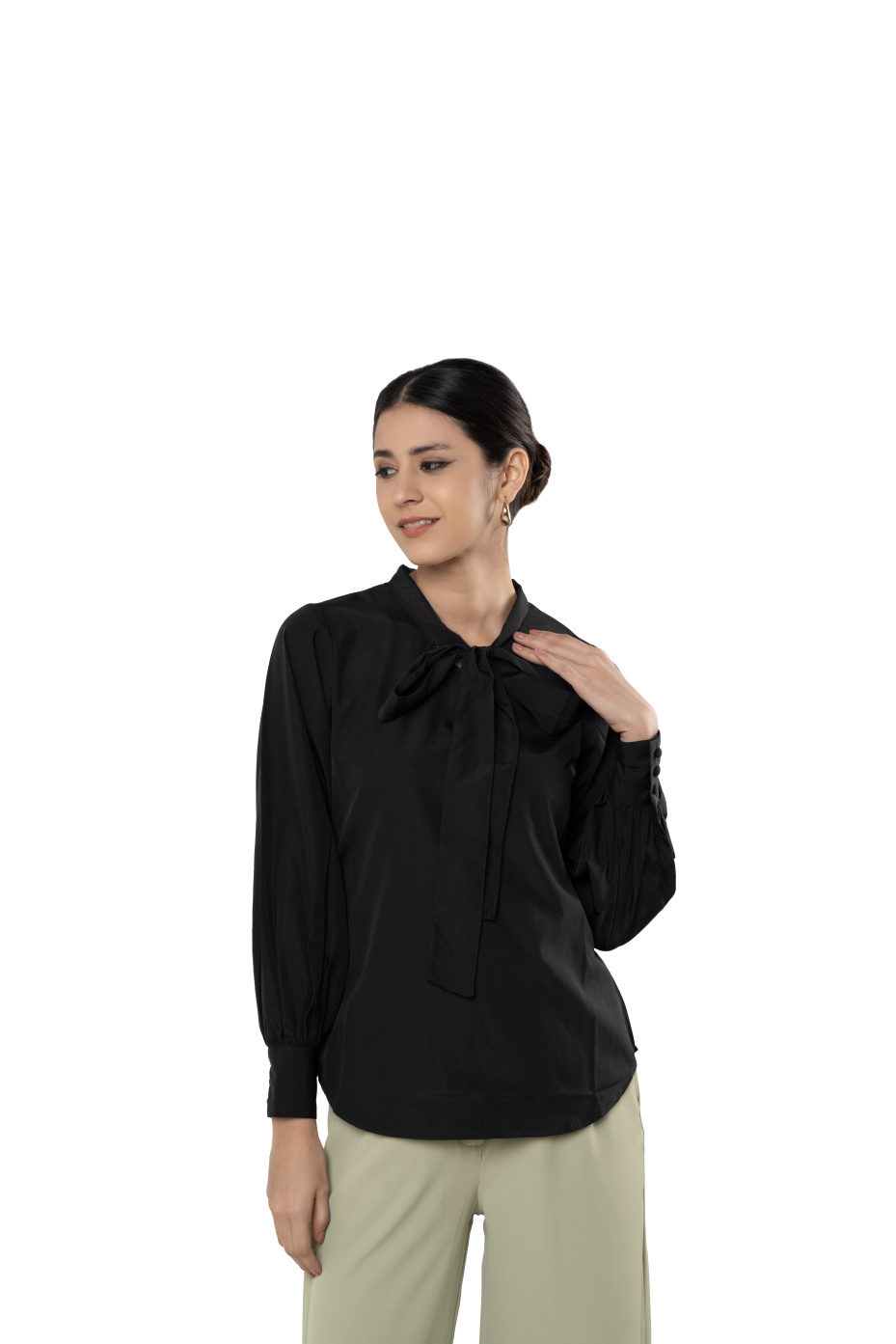 Black Crepe V-Neck Top With Ties And Bishop Sleeves 2