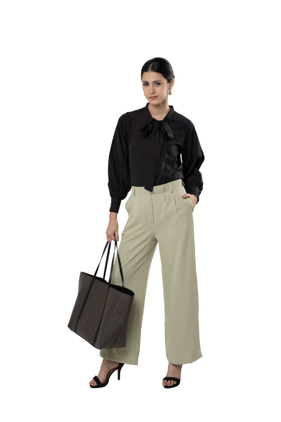 Black Crepe V-Neck Top With Ties And Bishop Sleeves 3