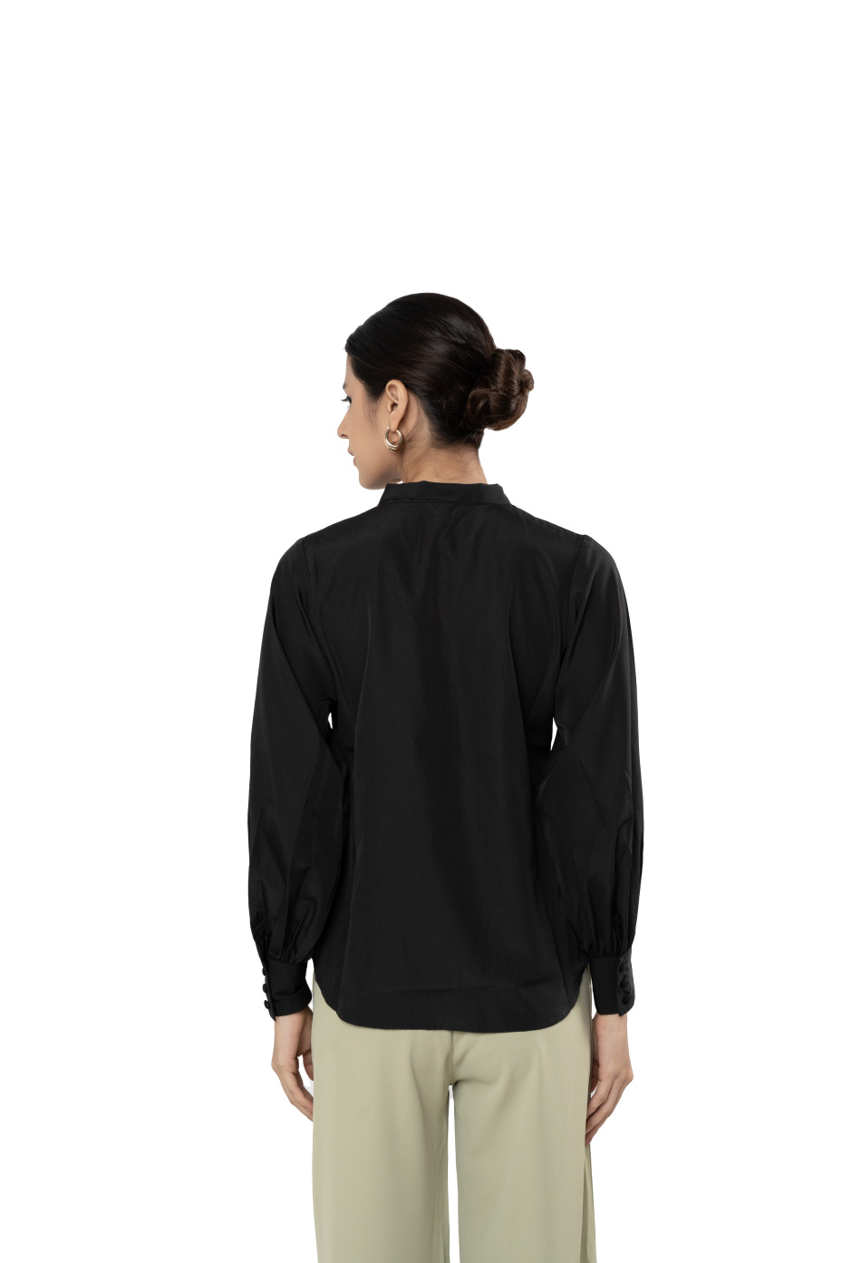 Black Crepe V-Neck Top With Ties And Bishop Sleeves 4