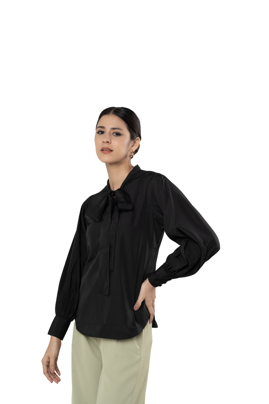 Black Crepe V-Neck Top With Ties And Bishop Sleeves 5