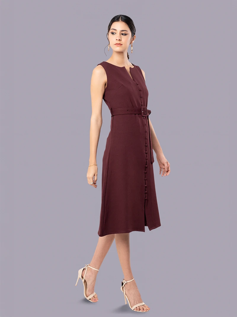 Maroon Crew Neck Dress With Slit, Fabric Loop Button, And Belt
