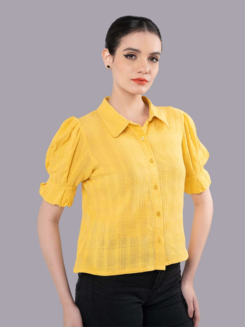 Yellow Crop Shirt With Puff Sleeves