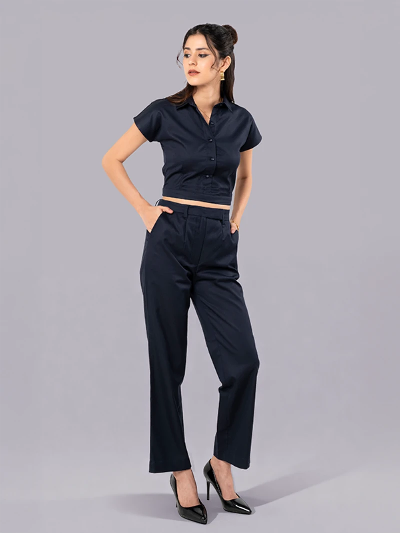 Indigo Coord Set With Crop Shirt And Straight Pants