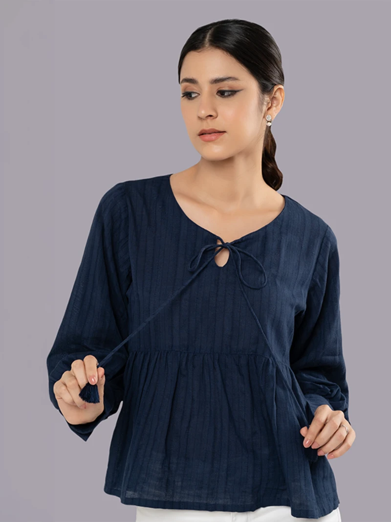 Blue Peplum Top With Bishop Sleeves