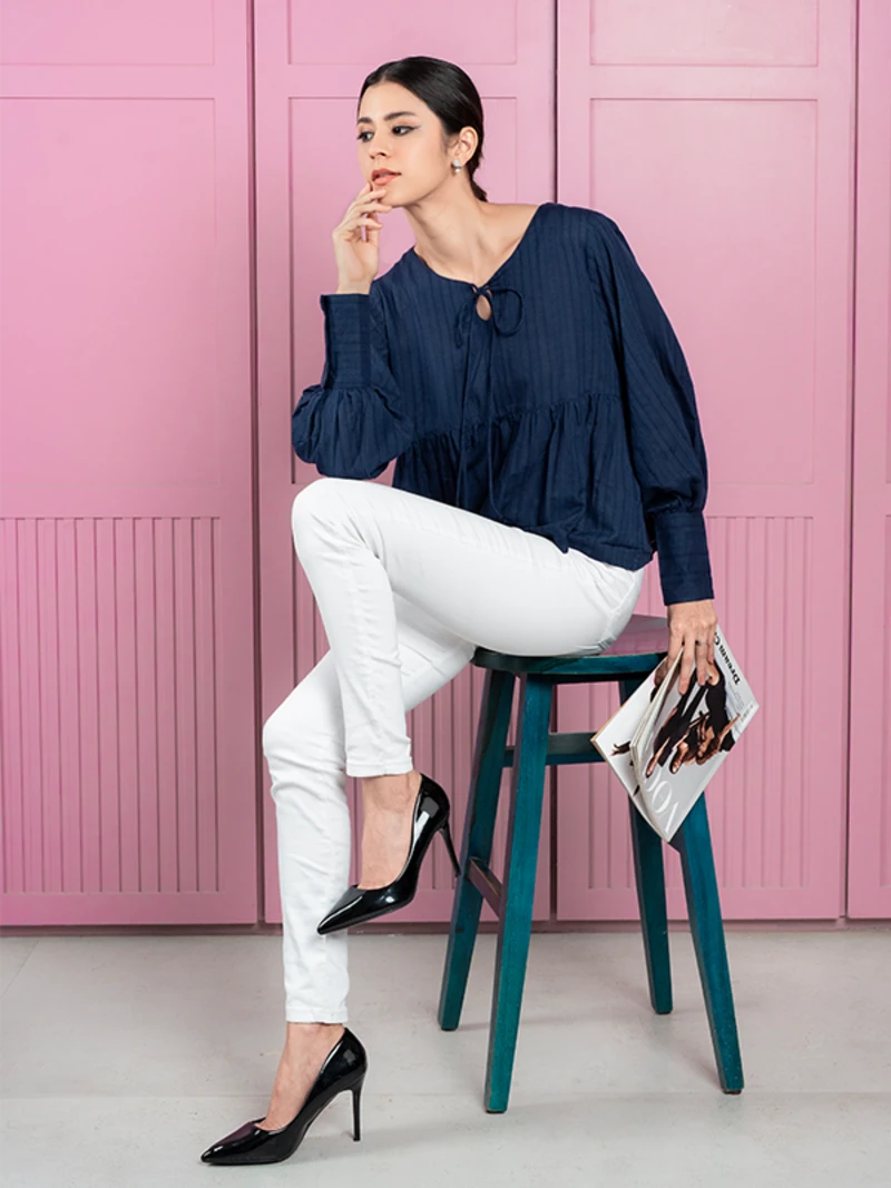 Blue Peplum Top With Bishop Sleeves