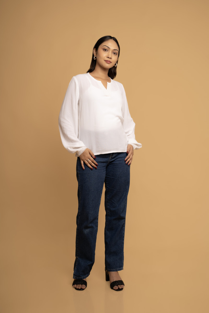 White Solid Top With Bishop Sleeves